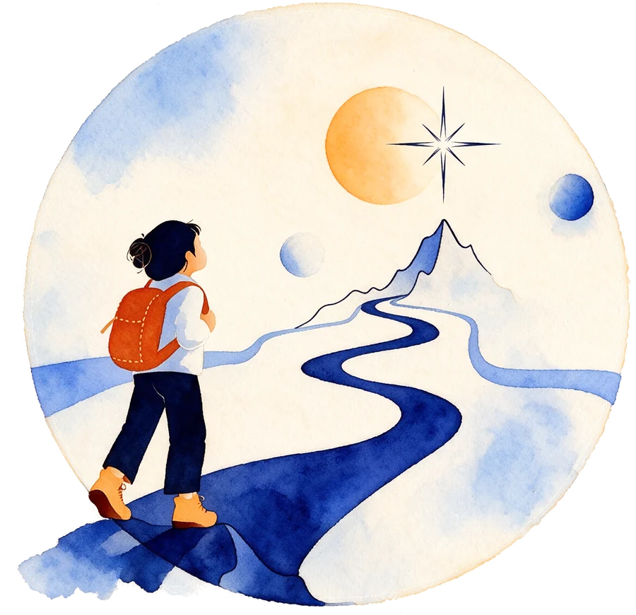 Illustration : une enfant au sac à dos, de dos, suit un chemin sinueux vers une montagne surmontée de l'étoile Altaïr